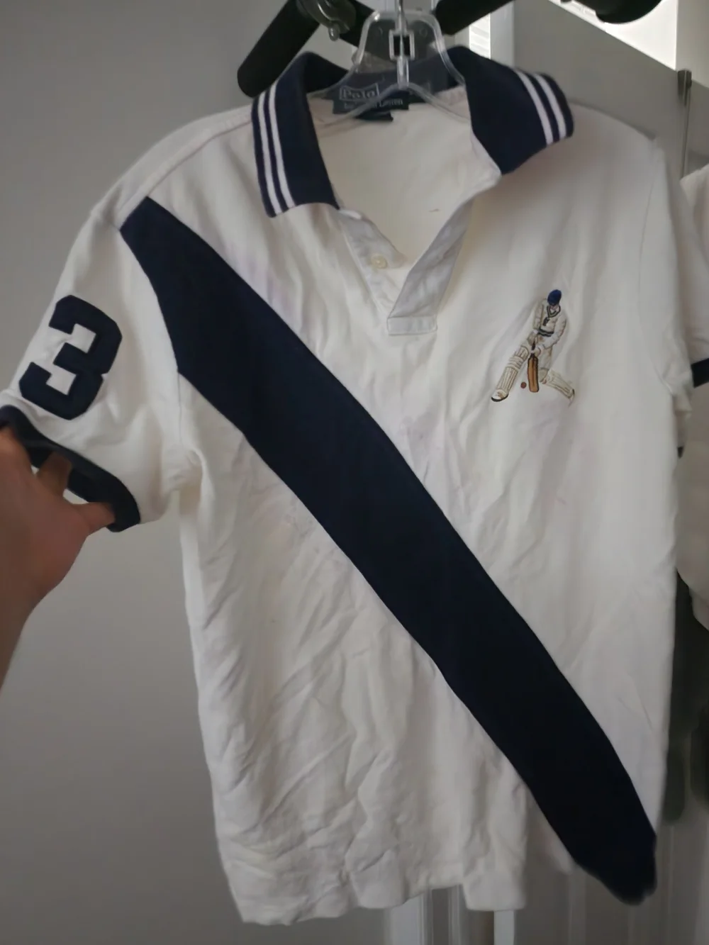 Ralph Lauren White Polo with Navy Diagonal Stripe & Cricket Player Patch. S-M